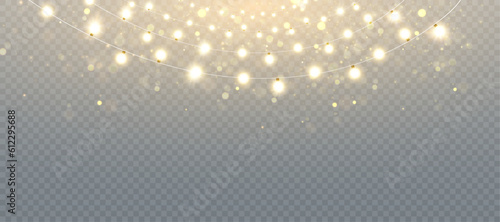 Christmas lights isolated on transparent background. Set of golden Christmas glowing garlands with sparks. For congratulations, invitations and advertising design. Vector 