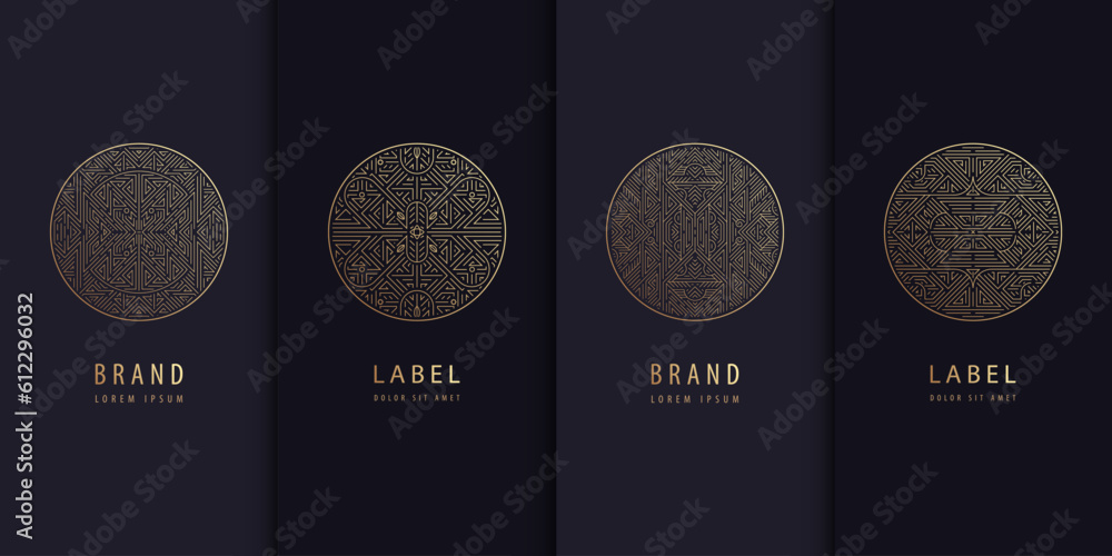 Vector set of golden label design patterns. Circle art deco logos ...