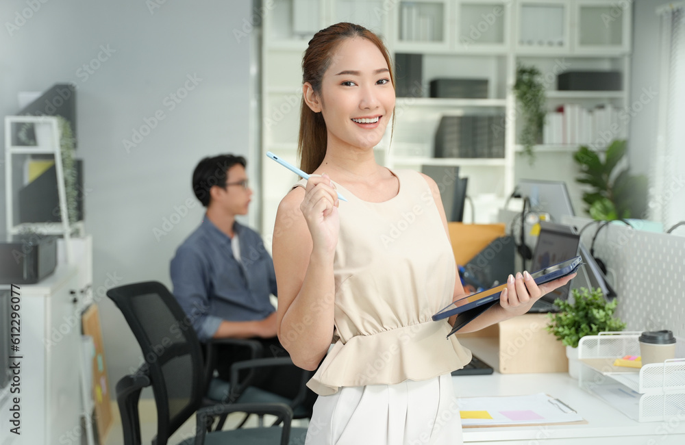 Fototapeta premium Smile, boardroom and portrait of a asian woman with a tablet for training, meeting or teamwork. Happy, business and a corporate employee with technology in a work office for company planning.