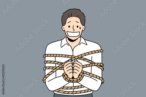Businessman tied in ropes with sealed mouth. Scared male employee as hostage or victim of kidnapping. Vector illustration. 