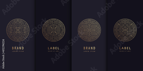 Vector set of golden label design patterns. Circle art deco logos, cosmetic, chocolate, tea, wine package. Luxury royal style, vintage fancy signs, premium design.
