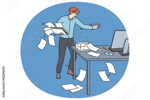 Clumsy employee collect scattered paperwork in office. Awkward tired male worker manage paper documents at workplace. Mess and chaos at work. Flat vector illustration.