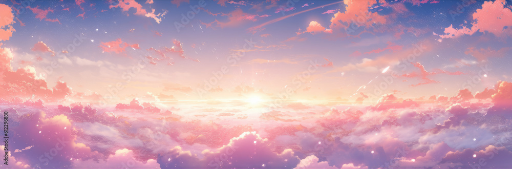 Fototapeta premium Heavenly sky. Sunset above the clouds abstract illustration. Extra wide format. Hope, divine, heavens concept. Hand edited generative AI. 