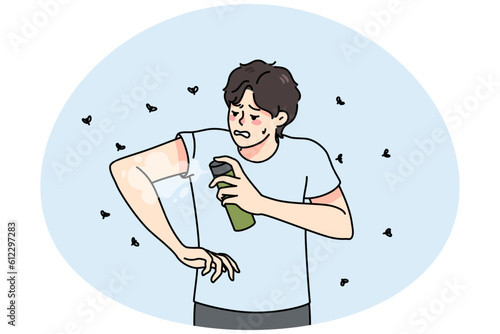 Anxious young man apply anti-mosquito spray on body struggle from bites on summer day. Guy use insect repellent keep mosquitos away. Flat vector illustration.