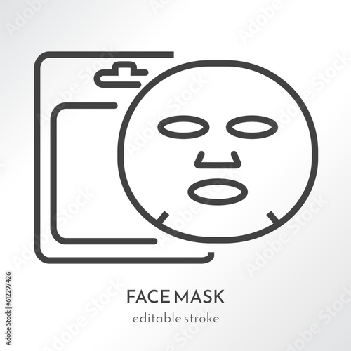 Face sheet gel hydrogel mask. Product packaging. Skin care icon. Outline pictogram. Line art. Vector illustration isolated on gradient background. Flat design. Cosmetology, medicine. Editable stroke