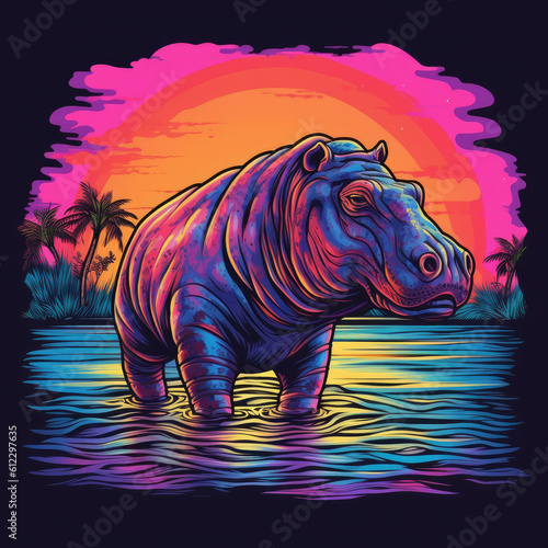 Hippo artwork with neon vibes and sunset backdrop
Vaporwave-inspired  Neon-lit 