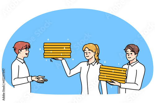 Smiling investors give successful businessman coins for saving and income. Businesspeople put money on deposit in bank. Finance and investment concept. Vector illustration.
