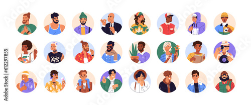 Modern men, circle avatars set. Male characters faces, head portraits. Different fashion trendy guys, cool creative user profiles. Flat graphic vector illustrations isolated on white background