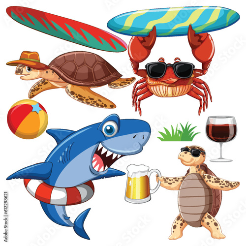Set of sea creatures cartoon character in summer