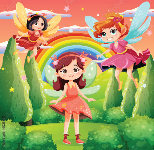 Fairy princess cartoon at magic land background