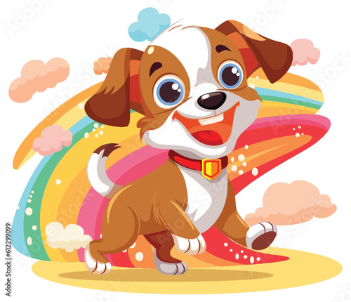 Cute dog cartoon character with rainbow isolated