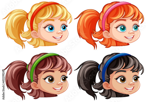 Set of girl cartoon head different hair colour