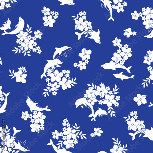 Cute hibiscus and dolphin pattern suitable for textiles,