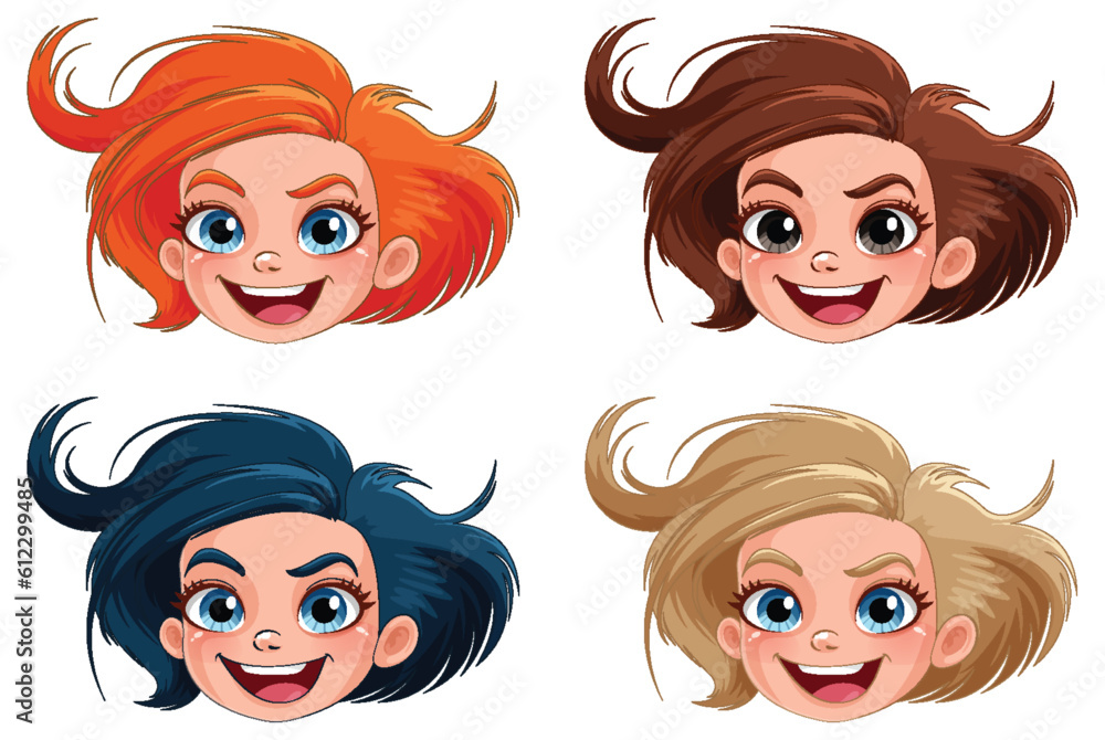 Set of girl cartoon head different hair colour Set of girl cartoon head different hair colour