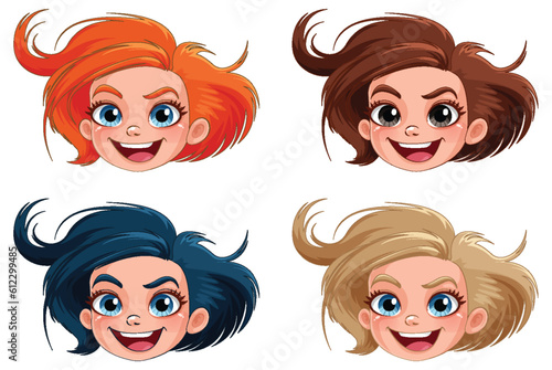 Set of girl cartoon head different hair colour