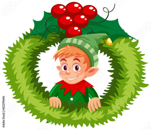 Elf cartoon character in between christmas wreath