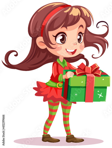 Elf girl cartoon Christmas character holding gift