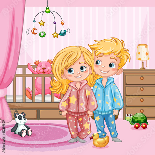Cute couple in pajamas in bedroom