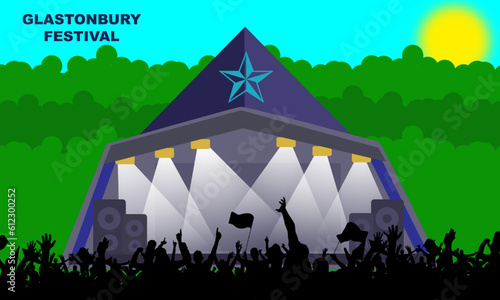 the Glastonbury stage with silhouettes of people watching the festival. Held every year at Worthy Farm in Pilton, Somerset, U.K. commemorate Glastonbury Festival
 photo