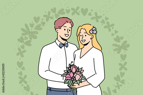 Smiling bride and groom standing near wedding floral arch during ceremony. Happy couple enjoy marriage celebration. Vector illustration. 