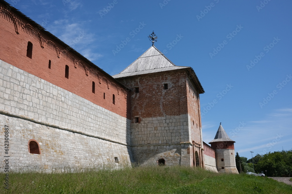 View of the fortress wall with a tower in the city of Zaraysk.