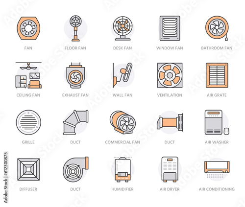 Ventilation equipment line icons. Air conditioning, hvac, cooling appliances, climate system, aeration. Household and industrial ventilator thin linear signs for store. Orange color. Editable stroke