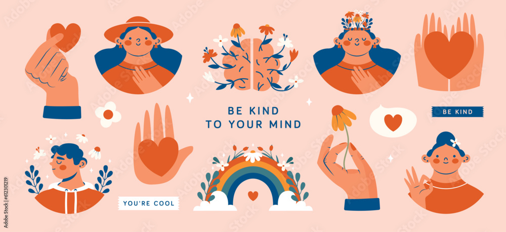Mental health support. Hand drawn set of vector illustrations with various people, young persons, hands, heart, rainbow, brain, flowers, labels. Modern minimal clip arts with funny characters. Mental health support. Hand drawn set of vector illustrations with various people, young persons, hands, heart, rainbow, brain, flowers, labels. Modern minimal clip arts with funny characters.
