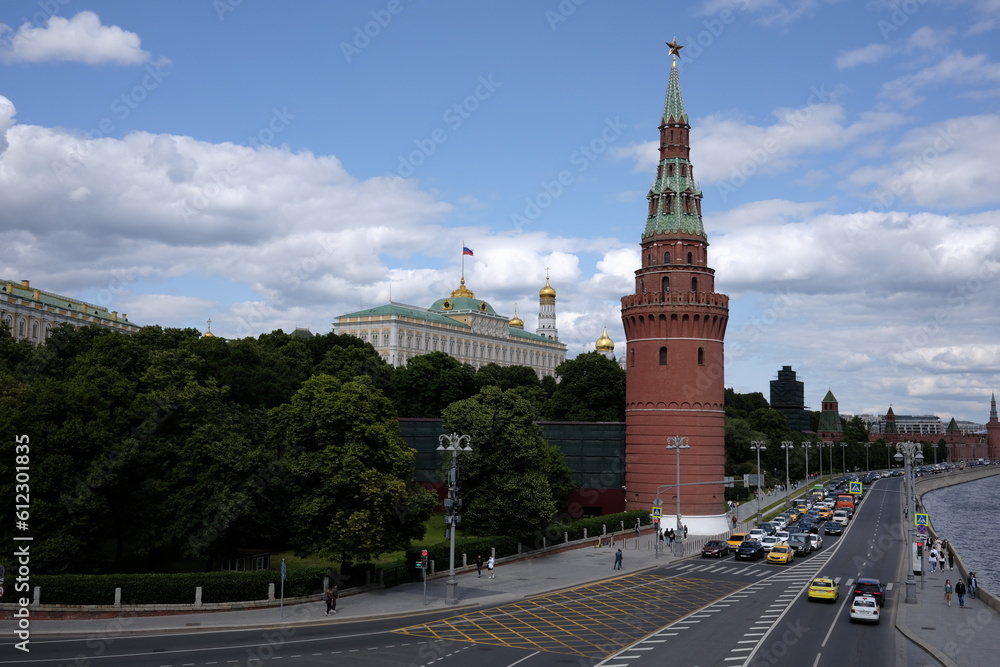 View of the architectural ensemble of the Moscow Kremlin from the bridge on a fine day.