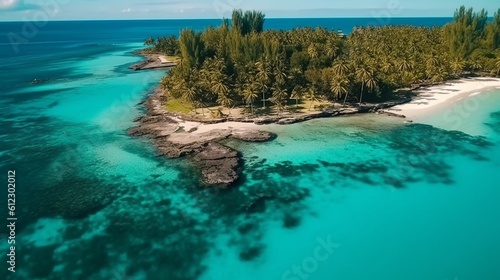 Aerial panoramic view of a beautiful island. Generative AI.