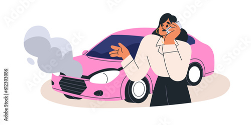 Woman calling for help, talking on mobile phone after car accident. Driver speaking on smartphone with repair service near broken damaged auto. Flat vector illustration isolated on white background