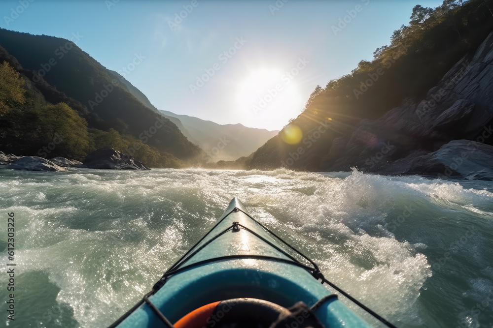 Fototapeta premium Extreme kayaking down the wild river in mountains at sunset, POV. Generative AI