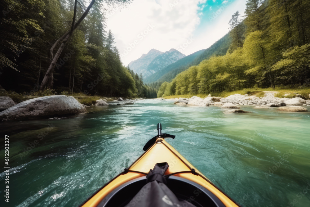 Fototapeta premium Extreme kayaking down the wild river in mountains at sunset, POV. Generative AI