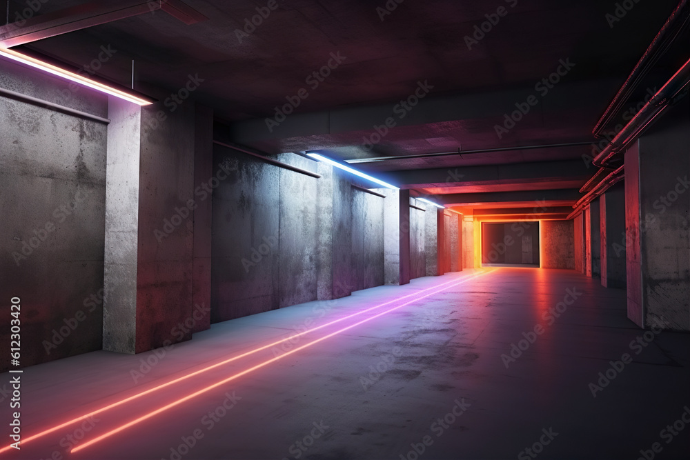 Grunge underground hall in neon lights. Generative AI