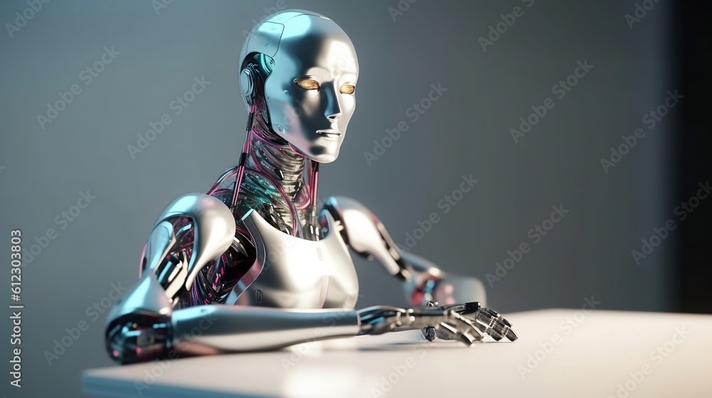 Robot is sitting at desk. Generative AI Robot is sitting at desk. Generative AI