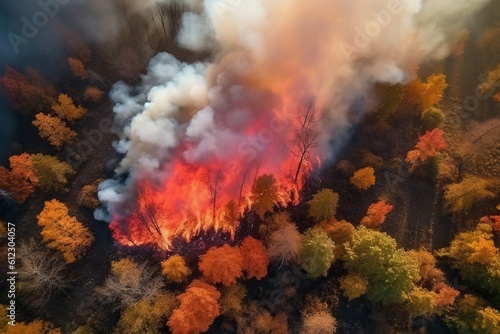 Top view of raging forest fire. Rapidly spreading wildfire. Generative AI