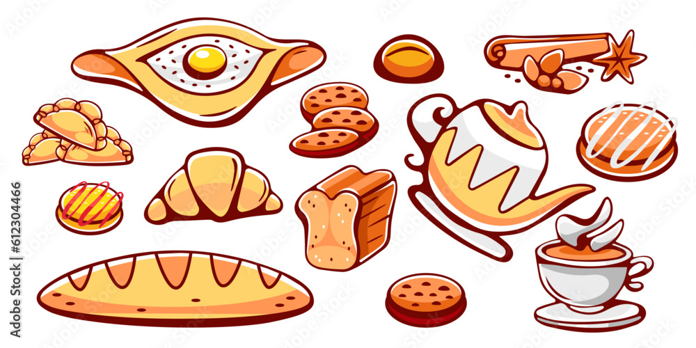 Bakery vector elements set, bread, croissant, cookies, dumpling, khachapuri, tea, spices, cupcake in cartoon style. Bakery vector elements set, bread, croissant, cookies, dumpling, khachapuri, tea, spices, cupcake in cartoon style.