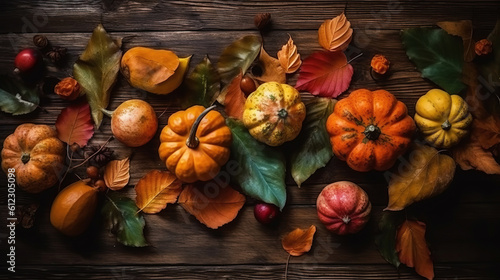 Autumn background of pumpkins and leaves for Thanksgiving and Halloween, on a dark wooden table. View from above. Panoramic Generative AI illustration. photo