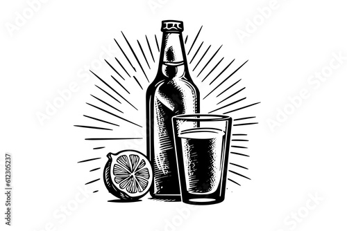 Soda bottle with glass and lemon. Ink sketch of lemonade isolated on white background. Hand drawn vector illustration 