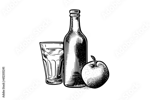 Soda bottle with glass. Ink sketch of apple cider isolated on white background. Hand drawn vector illustration