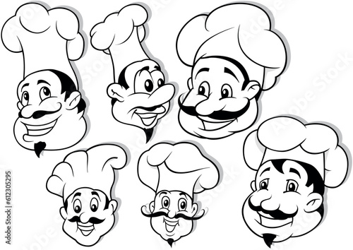 Drawing of Set of Six Smiling Cook Heads