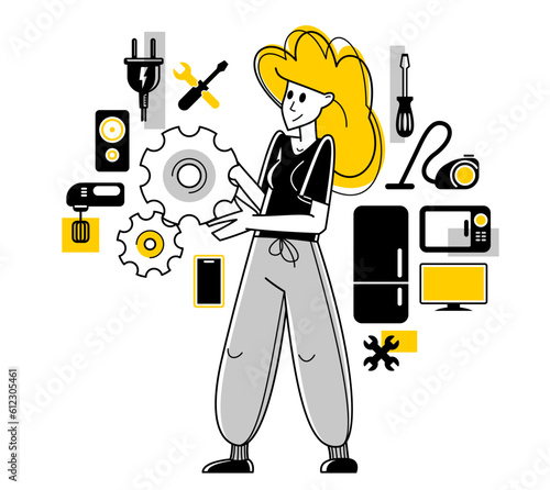 Technician engineer repairing household appliances, woman repairer service vector outline illustration, engineer fixing and upgrading different technics.