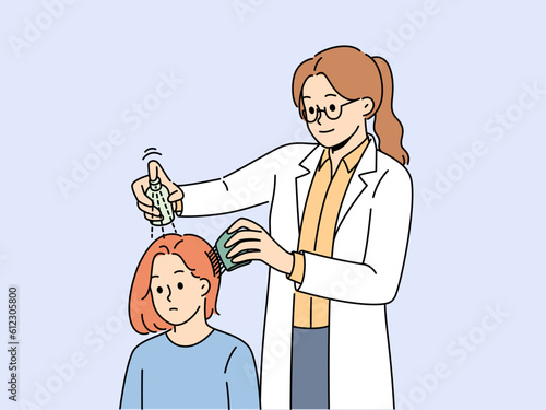 Girl with lice in hair at doctors appointment using spray and comb to treat and fight nits. Female doctor helps teenage patient get rid of lice that appeared due to violation of hygiene rules
