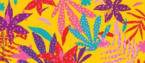 Abstract modern tropical pattern with bright leaves, vibrant flowers and exotic plants. Summer botanical background with colorful cutout shapes vector illustration