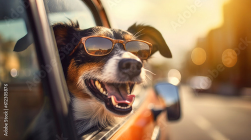 Peek-a-Boo Pooch: Sunglasses and Leash on Window of Car during Summer Road Trip - Generative AI © Bartek