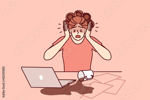 Clumsy businesswoman spilled coffee on laptop and documents due to tiredness or chaos on desktop. Woman freelancer screaming spilling coffee on computer and important unrecoverable papers
