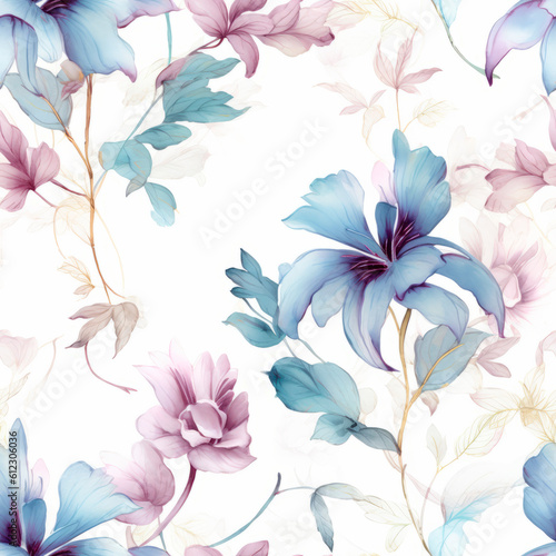 Watercolor colorful floral botanical flowers. Spring leaf art. Seamless background pattern. Fabric wallpaper print texture. Tiled. Ai Generative illustration.