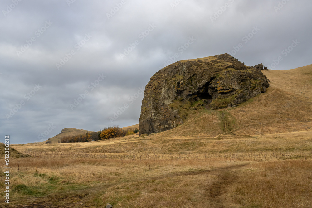 Pasture and a rock in the autumn, Iceland