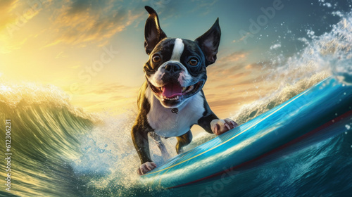 Surfing Smiles: Close-Up of a Happy Boston Terrier Dog Riding the Waves - Generative AI © Bartek