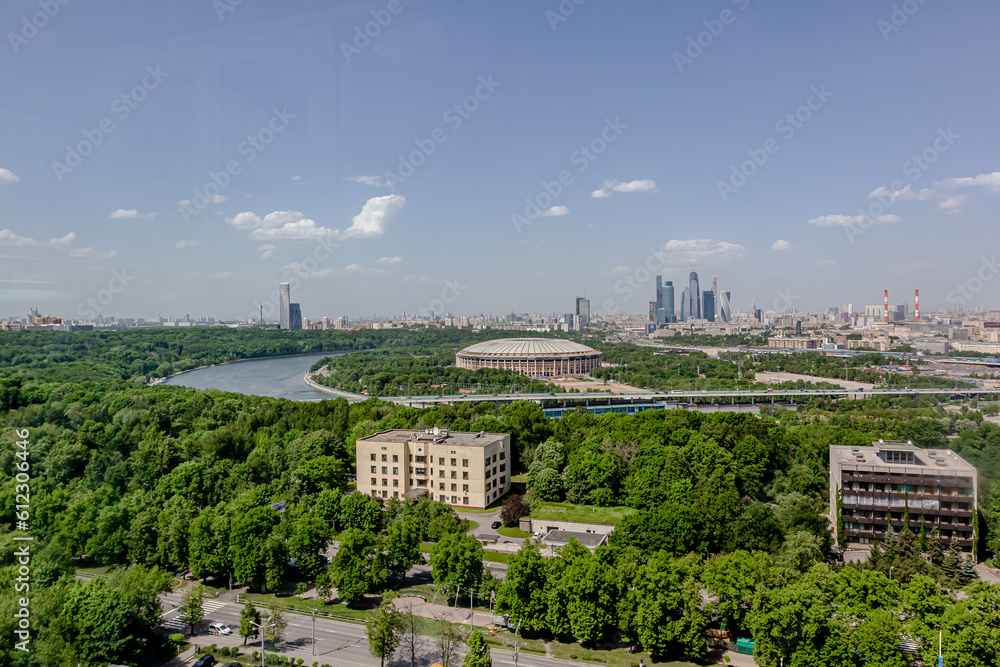 View of Moskva river and Luzhniki stadium during sunrise, Moscow