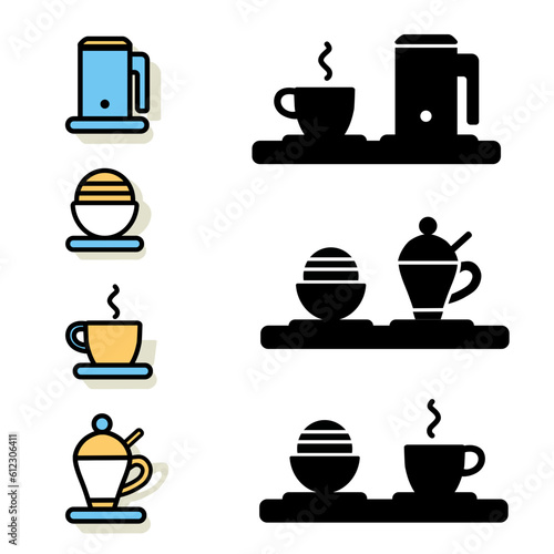 black and color vector icons for a cafe or bar counter of a coffee bar on a white background